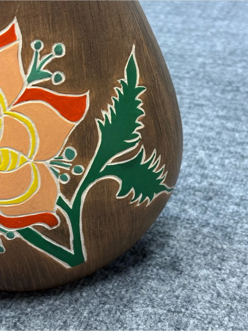 Peruvian Ceramic Vase with Hand-Painted Orange Floral Design
